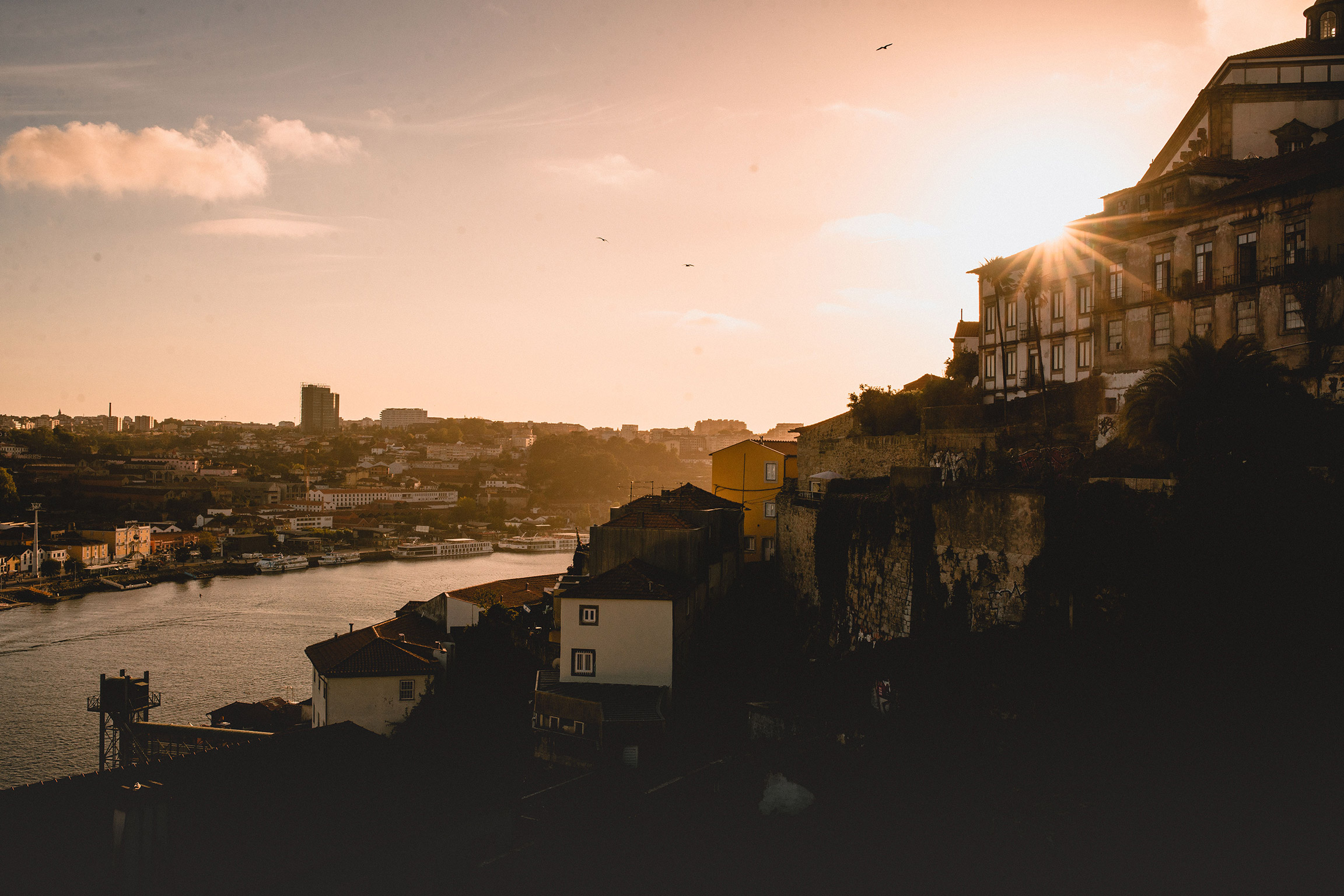 Blick bei Sonnenuntergang von einer Erhöhung in Porto auf die Stadt.